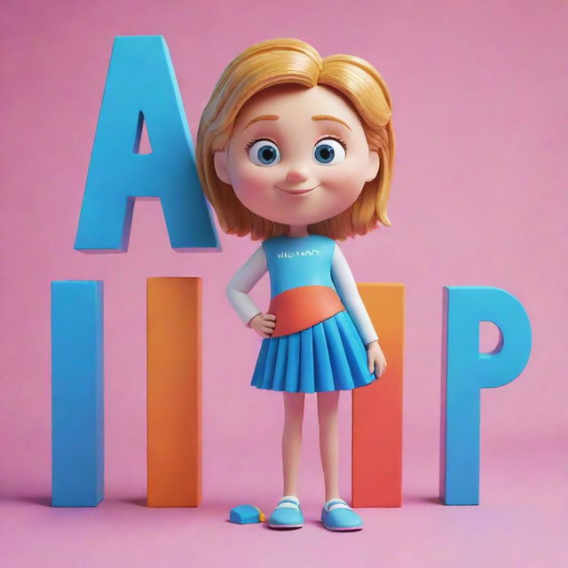 3D cartoon character of a girl, named Hillary. She is standing in a vibrant yet simplistic setting, with her name, Hillary, embossed in bright, dynamic letters on the background.