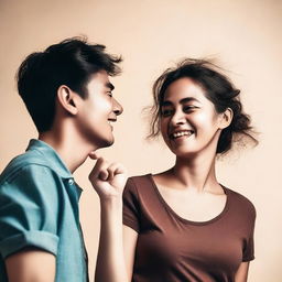 A playful scene where a person is gently poking another person's bellybutton with their finger
