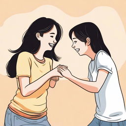 A playful scene where a person is gently poking another person's bellybutton with their finger