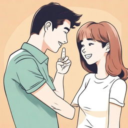 A playful scene where a person is gently poking another person's bellybutton with their finger