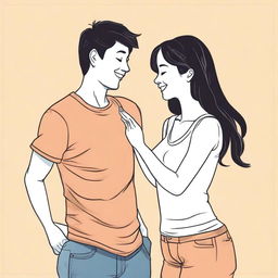 A playful scene where a person is gently poking another person's bellybutton with their finger