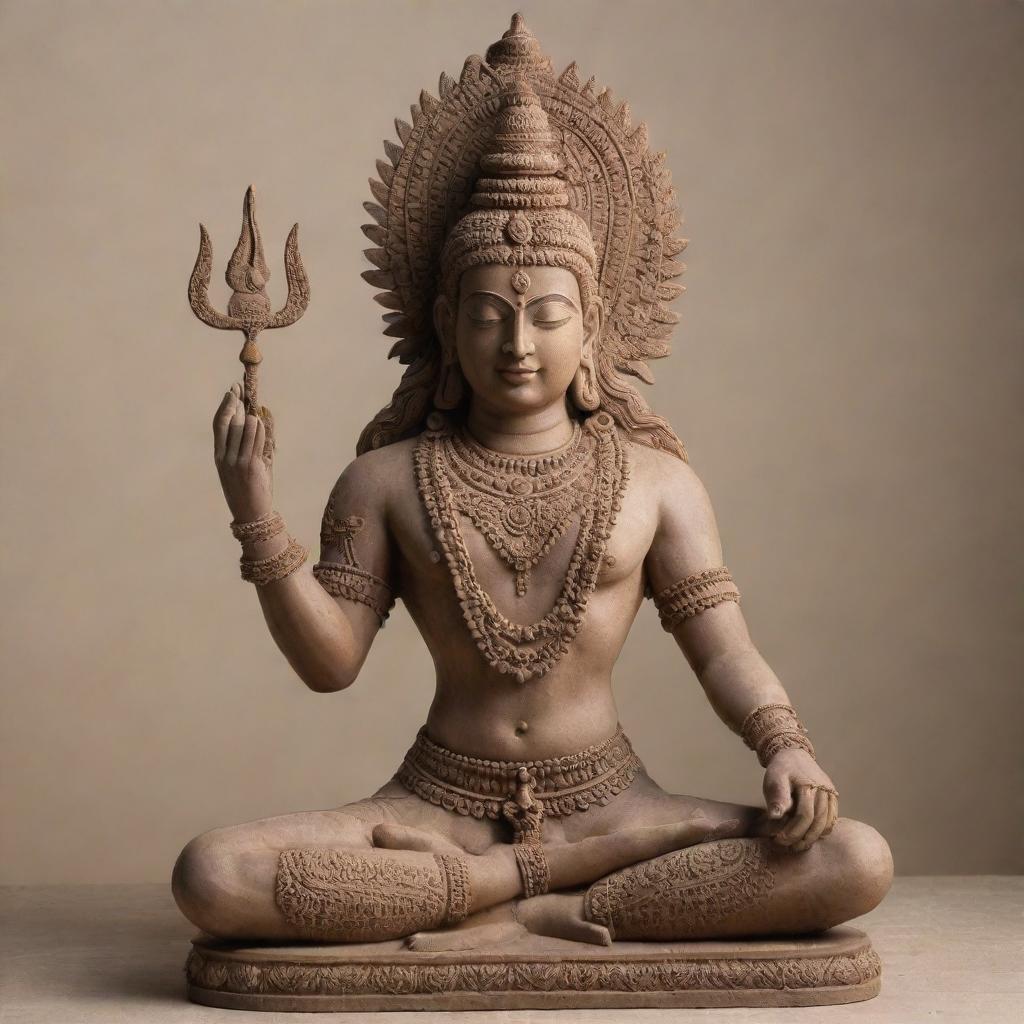 A detailed statue of Shiva, the Hindu deity, in a peaceful meditative pose. The beautiful sculpture, made out of sandstone, is intricately decorated with patterns, and has an ethereal glow.