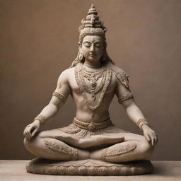 A detailed statue of Shiva, the Hindu deity, in a peaceful meditative pose. The beautiful sculpture, made out of sandstone, is intricately decorated with patterns, and has an ethereal glow.