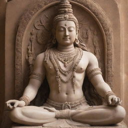 A detailed statue of Shiva, the Hindu deity, in a peaceful meditative pose. The beautiful sculpture, made out of sandstone, is intricately decorated with patterns, and has an ethereal glow.