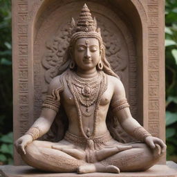 A detailed statue of Shiva, the Hindu deity, in a peaceful meditative pose. The beautiful sculpture, made out of sandstone, is intricately decorated with patterns, and has an ethereal glow.