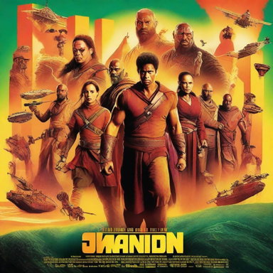 A dynamic and eye-catching movie poster featuring a diverse cast of characters in an epic adventure setting