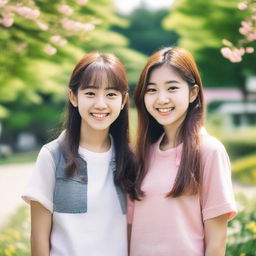 Two Korean girls in their early teens, standing together and smiling