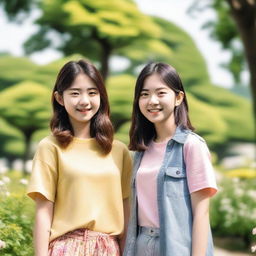 Two Korean girls in their early teens, standing together and smiling