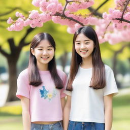 Two Korean girls in their early teens, standing together and smiling