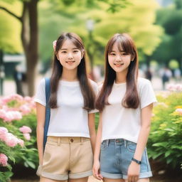 Two Korean girls in their early teens, standing together and smiling