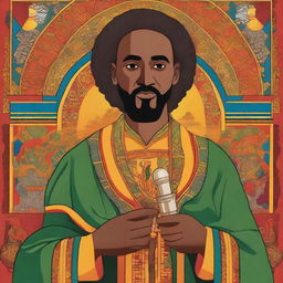 A detailed illustration of Saint Yared, the Ethiopian hymn composer, singing while holding a sistrum