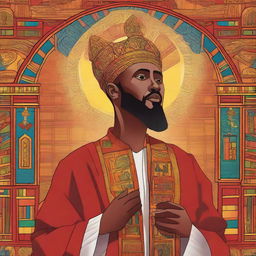 A detailed illustration of Saint Yared, the Ethiopian hymn composer, singing while holding a sistrum