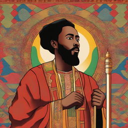 A detailed illustration of Saint Yared, the Ethiopian hymn composer, singing while holding a sistrum