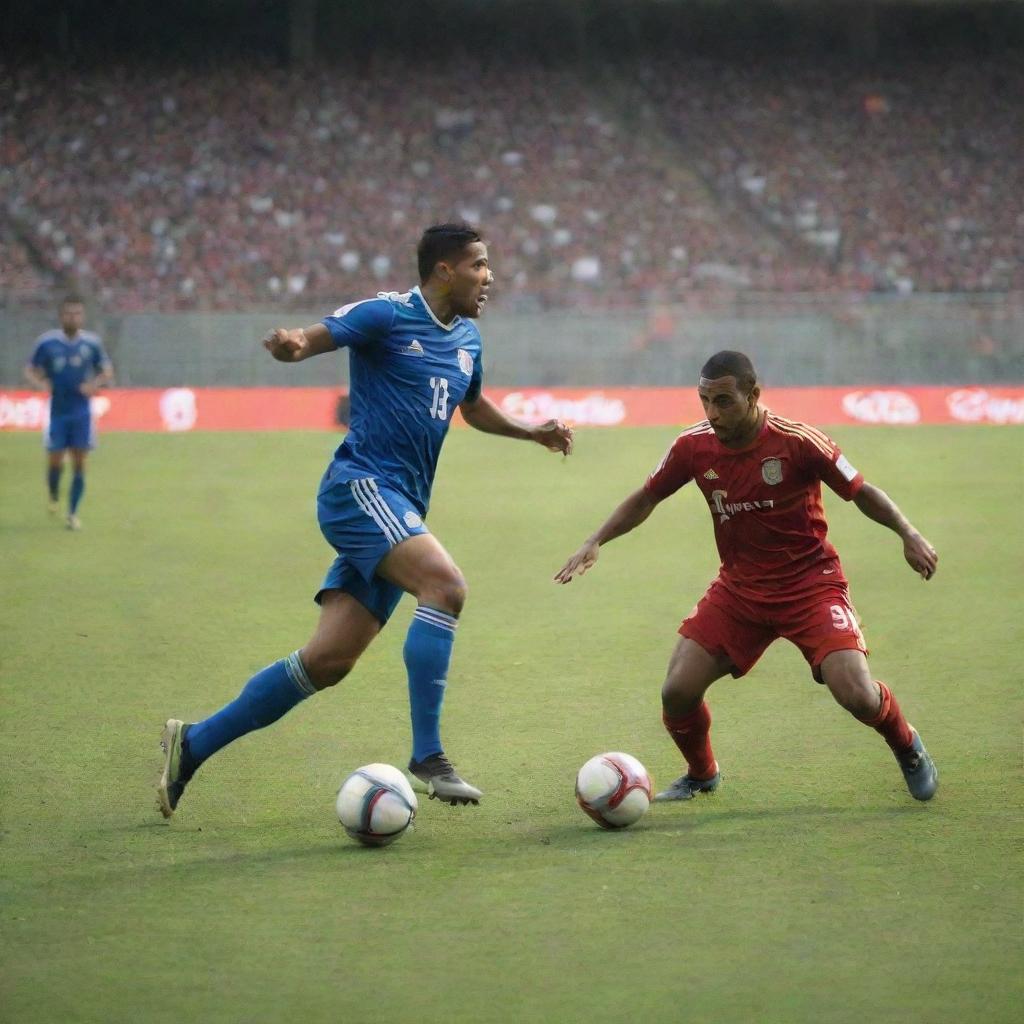 Dynamic scene of a football match in progress, featuring players in high-speed action on a well-maintained pitch with a roaring crowd in the background.