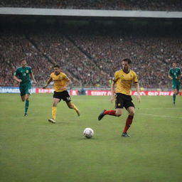 Dynamic scene of a football match in progress, featuring players in high-speed action on a well-maintained pitch with a roaring crowd in the background.