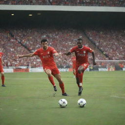 Dynamic scene of a football match in progress, featuring players in high-speed action on a well-maintained pitch with a roaring crowd in the background.