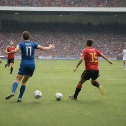 Dynamic scene of a football match in progress, featuring players in high-speed action on a well-maintained pitch with a roaring crowd in the background.