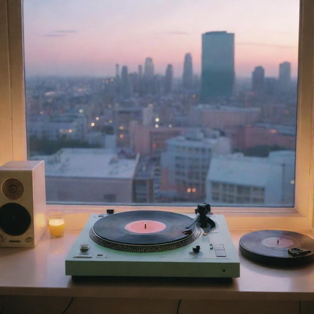 Lofi aesthetic scene with soft pastel colors, an analog music setup with a turntable, vinyl records, and a window overlooking a serene cityscape at dusk.