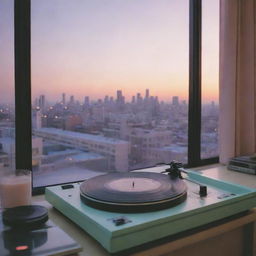 Lofi aesthetic scene with soft pastel colors, an analog music setup with a turntable, vinyl records, and a window overlooking a serene cityscape at dusk.