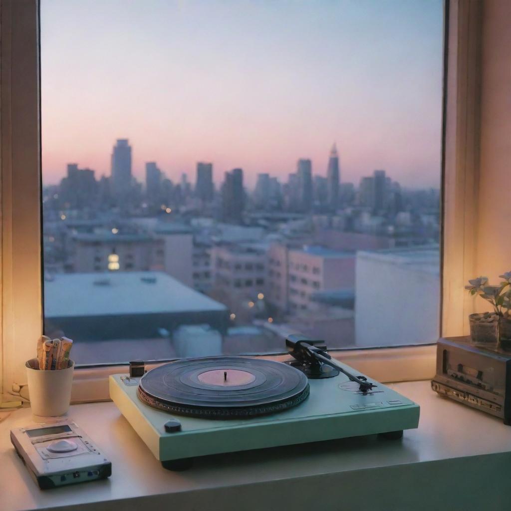 Lofi aesthetic scene with soft pastel colors, an analog music setup with a turntable, vinyl records, and a window overlooking a serene cityscape at dusk.