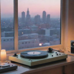 Lofi aesthetic scene with soft pastel colors, an analog music setup with a turntable, vinyl records, and a window overlooking a serene cityscape at dusk.