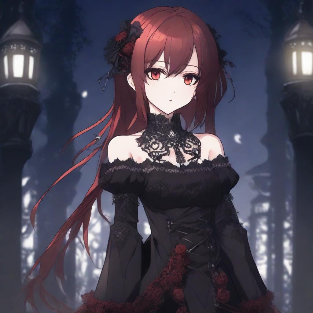 A gothic-style anime waifu with dark red hair and striking red eyes