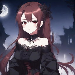 A gothic-style anime waifu with dark red hair and striking red eyes