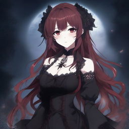 A gothic-style anime waifu with dark red hair and striking red eyes