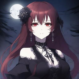 A gothic-style anime waifu with dark red hair and striking red eyes