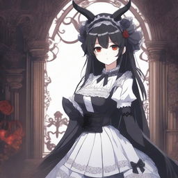 An anime character with long black hair, crimson eyes, and horns