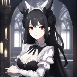 An anime character with long black hair, crimson eyes, and horns