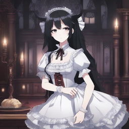 An anime character with long black hair, crimson eyes, and horns