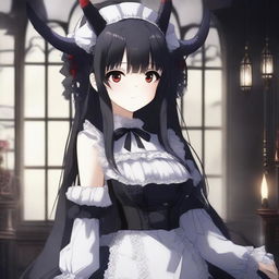 An anime character with long black hair, red eyes, and horns