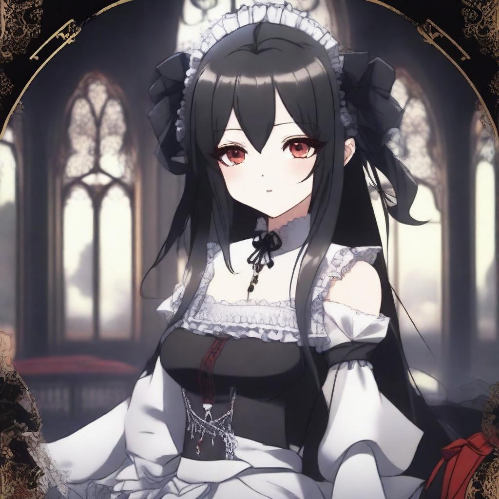 An anime character with long black hair, red eyes, and horns