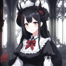 An anime character with long black hair, red eyes, and horns