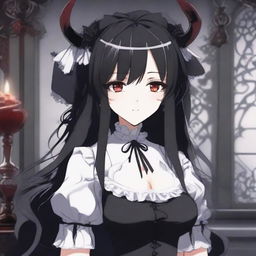 An anime character with long black hair, red eyes, and horns