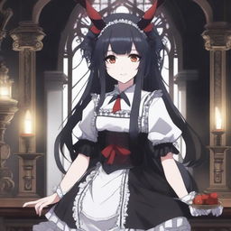 An anime character with long black hair, red eyes, and horns