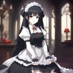 An anime character with long black hair, red eyes, and horns