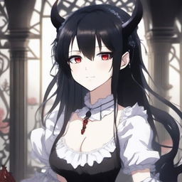 An anime character with long black hair, red eyes, and horns