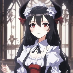 An anime character with long black hair, red eyes, and horns