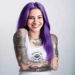A person with long straight purple hair, wearing a tank top and showing off tattoos on their arms