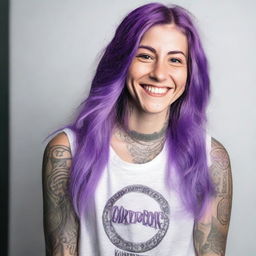 A person with long straight purple hair, wearing a tank top and showing off tattoos on their arms
