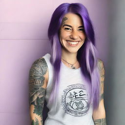 A person with long straight purple hair, wearing a tank top and showing off tattoos on their arms