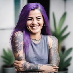 A person with long straight purple hair, wearing a tank top and showing off tattoos on their arms