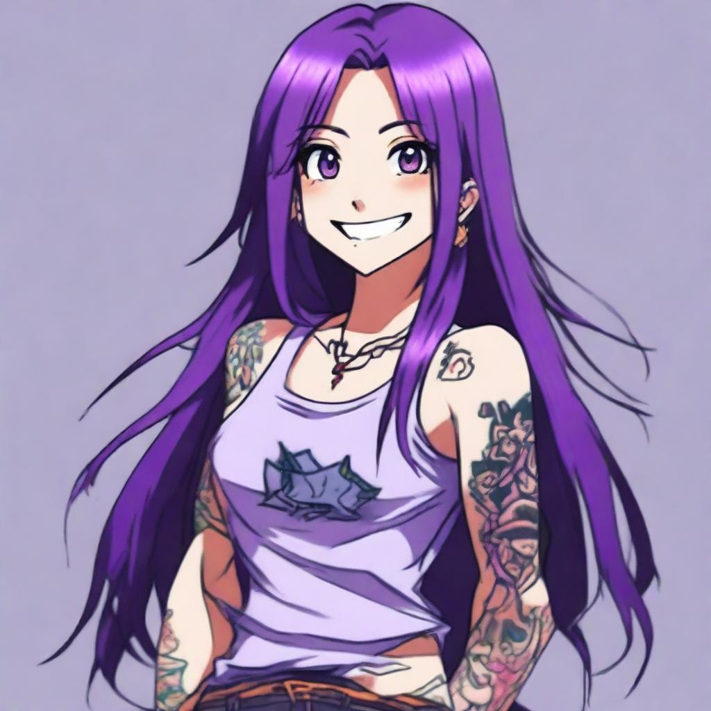 An anime character with long straight purple hair, wearing a tank top and displaying tattoos on their arms