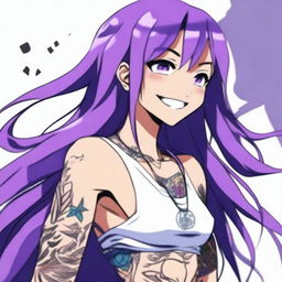 An anime character with long straight purple hair, wearing a tank top and displaying tattoos on their arms