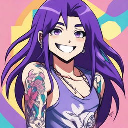 An anime character with long straight purple hair, wearing a tank top and displaying tattoos on their arms