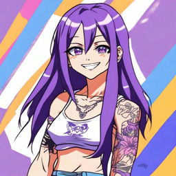 An anime character with long straight purple hair, wearing a tank top and displaying tattoos on their arms