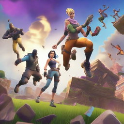 A dynamic scene featuring a Fortnite character in mid-action, eliminating another Fortnite character