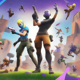 A dynamic scene featuring a Fortnite character in mid-action, eliminating another Fortnite character